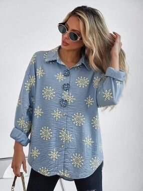 MADE IN ITALY BOHO Blue Embroidered Button-Front Shirt - Brand